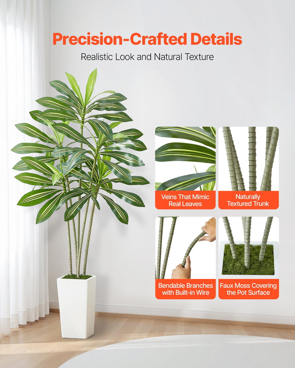 6ft Artificial Dracaena Tree Fake Plant With White Planter Indoor