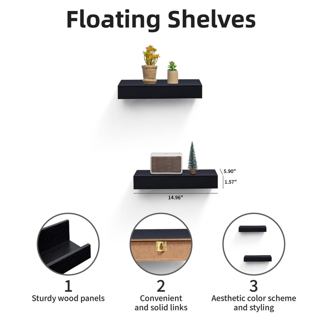 Floating Shelves  14.96 Wall Mounted Wood Shelves For Bathroom, Bedroom, Living Room, Kitchen, Hanging Shelf For Books Storage Decor With Invisible Brackets, Black