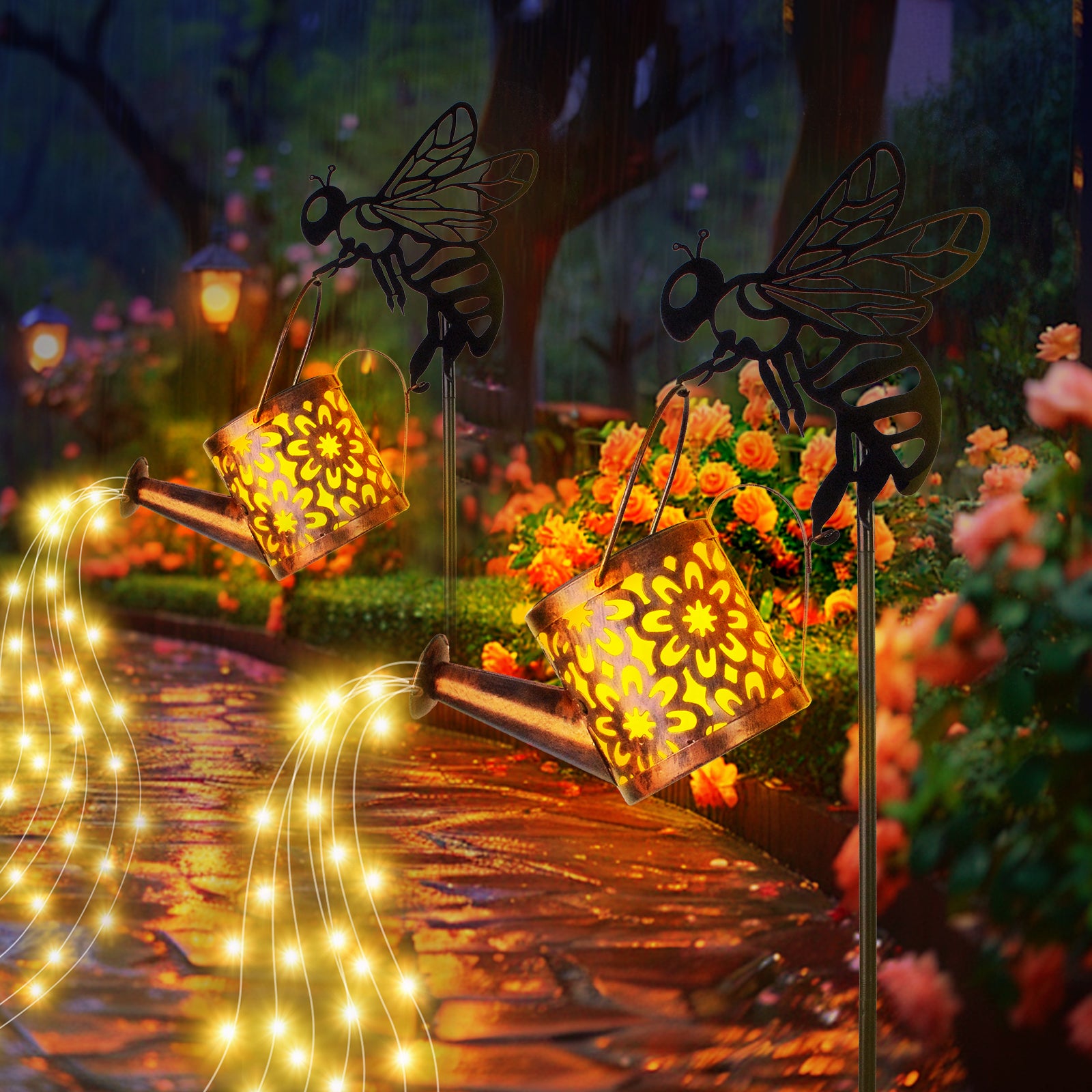 Solar Garden Lights Outdoor Decoration,Flower-shaped Lights Metal Solar Watering Can Lights Outdoor Waterproof, Small Patio Light Yard Lawn Pathway Decor, Gardening Gifts Solar Lantern Out