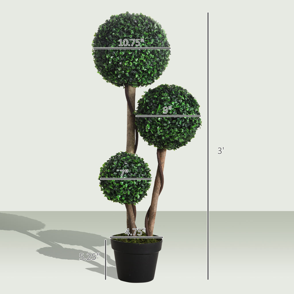 Artificial Plant for Home Decor Indoor & Outdoor Fake Plants Artificial Tree in Pot, 3 Ball Boxwood Topiary Tree for Home Office, Living Room Decor, Dark Green